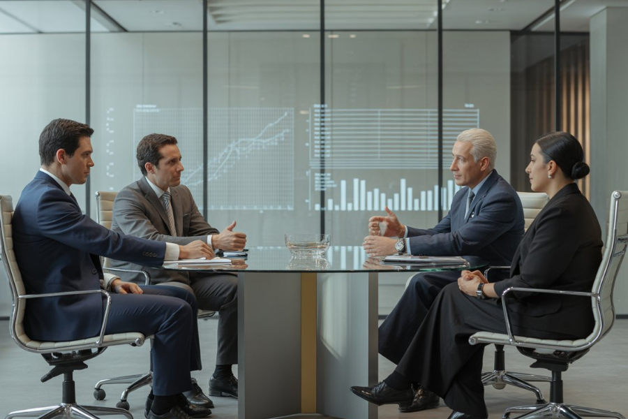 A sophisticated conceptual advertisement for a business solutions firm, evoking the style of BCG and IBM newsletters, features a dark blue gradient background subtly illuminated with turquoise hig (28)